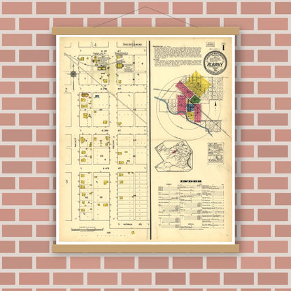 Old map wall art mockup — magnetic wood frame on brick wall — Sanborn Fire Insurance Map from Albany, Shackelford County, Texas (1922), Sheet #0001