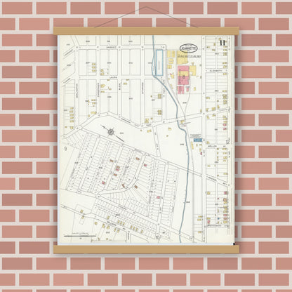 Old map wall art mockup — magnetic wood frame on brick wall — Sanborn Fire Insurance Map from Jeannette, Westmoreland County, Pennsylvania (1916), Sheet #0011