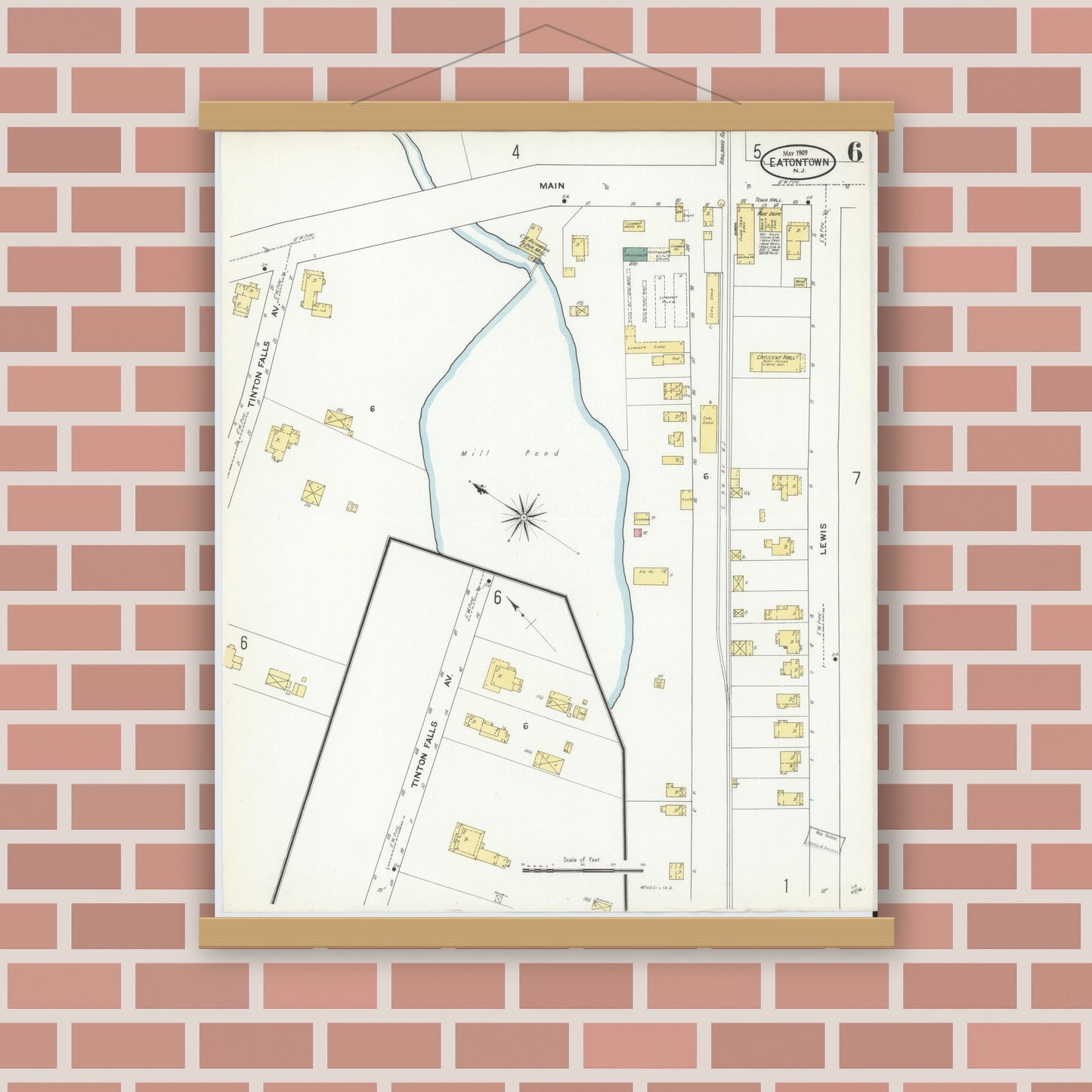 Old map wall art mockup — magnetic wood frame on brick wall — Sanborn Fire Insurance Map from Eatontown, Monmouth County, New Jersey (1909), Sheet #0006