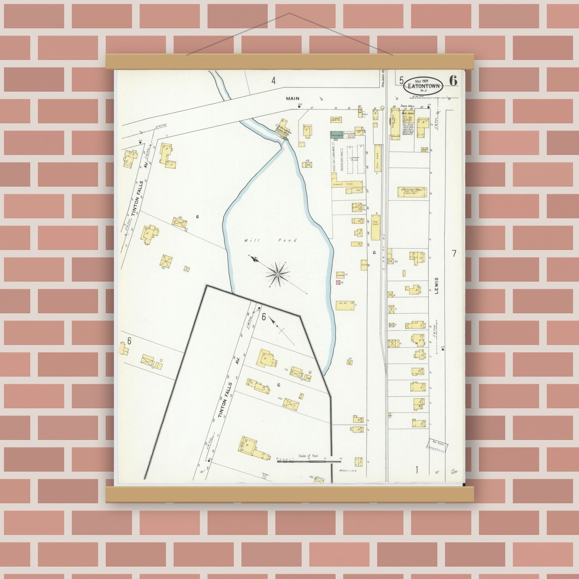 Old map wall art mockup — magnetic wood frame on brick wall — Sanborn Fire Insurance Map from Eatontown, Monmouth County, New Jersey (1909), Sheet #0006