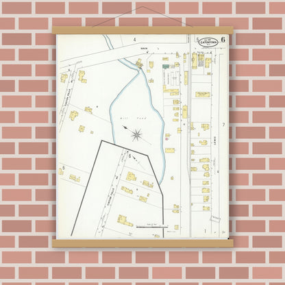 Old map wall art mockup — magnetic wood frame on brick wall — Sanborn Fire Insurance Map from Eatontown, Monmouth County, New Jersey (1909), Sheet #0006