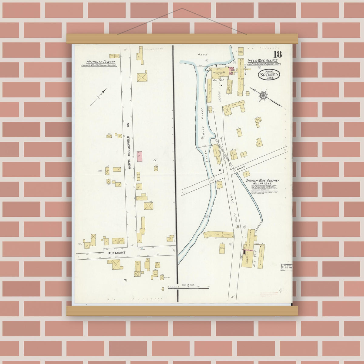 Old map wall art mockup — magnetic wood frame on brick wall — Sanborn Fire Insurance Map from Spencer, Worcester County, Massachusetts (1912), Sheet #0018