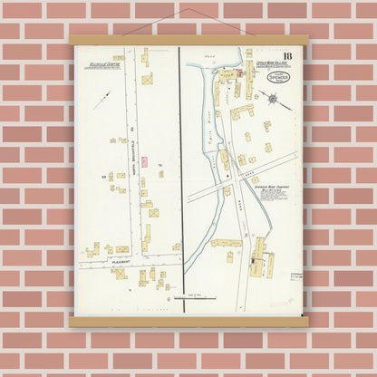 Old map wall art mockup — magnetic wood frame on brick wall — Sanborn Fire Insurance Map from Spencer, Worcester County, Massachusetts (1912), Sheet #0018