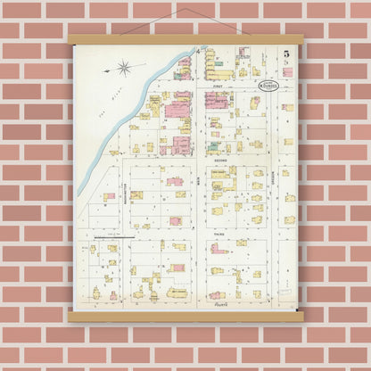 Old map wall art mockup — magnetic wood frame on brick wall — Sanborn Fire Insurance Map from Dundee, Kane County, Illinois (1898), Sheet #0005
