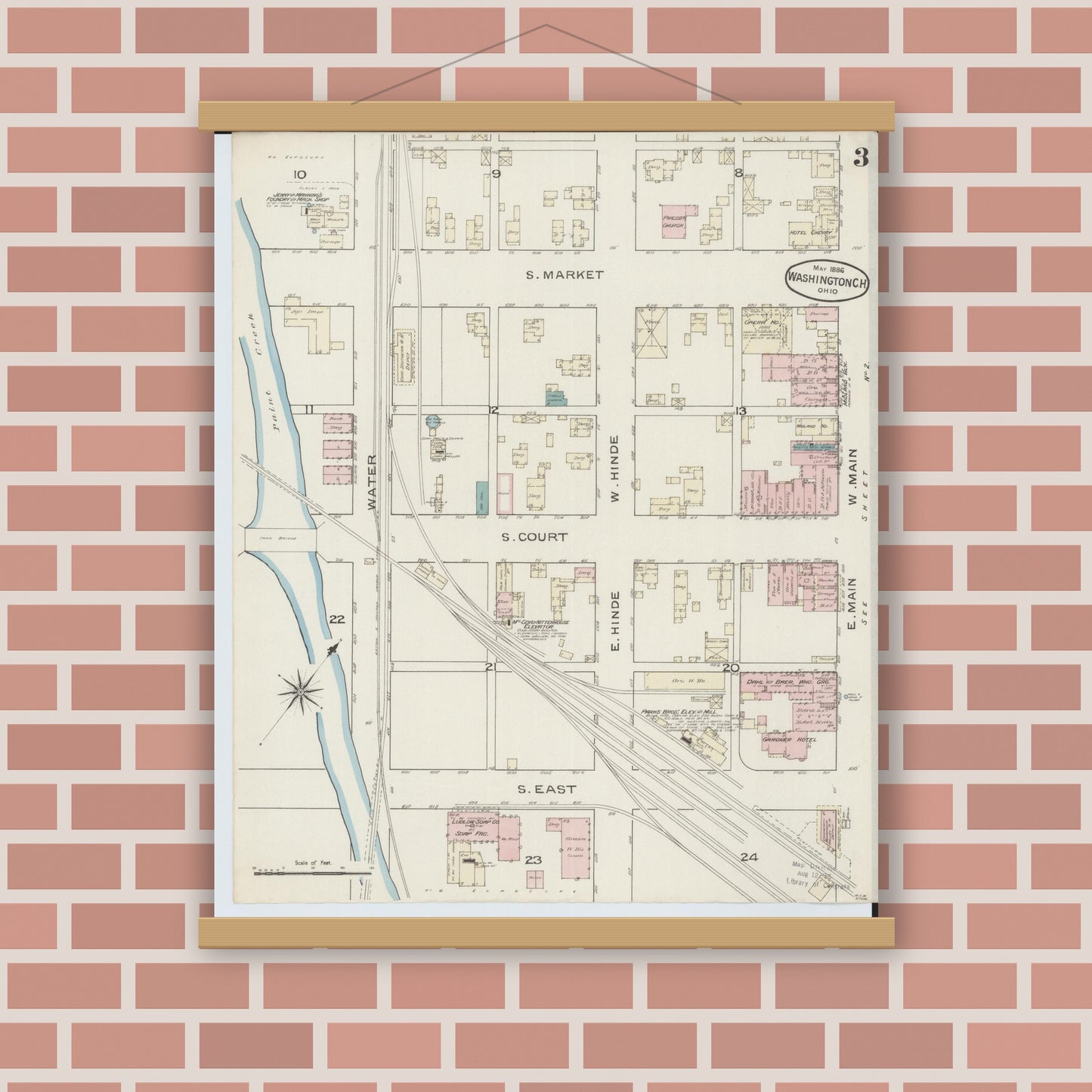 Old map wall art mockup — magnetic wood frame on brick wall — Sanborn Fire Insurance Map from Washington Court House, Fayette County, Ohio (1886), Sheet #0003