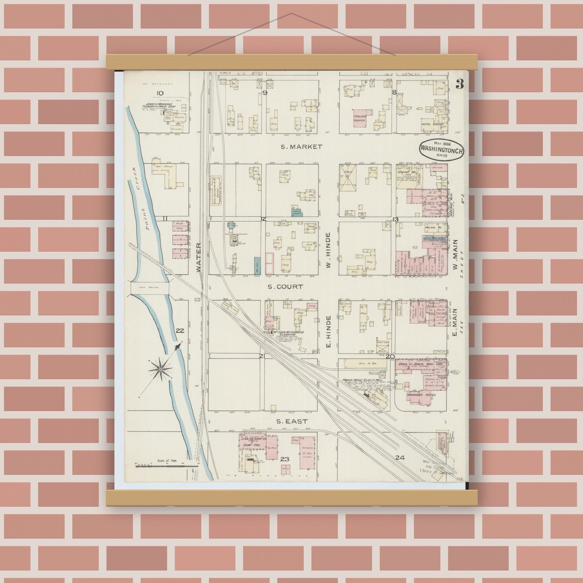 Old map wall art mockup — magnetic wood frame on brick wall — Sanborn Fire Insurance Map from Washington Court House, Fayette County, Ohio (1886), Sheet #0003