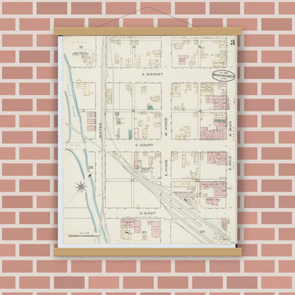 Old map wall art mockup — magnetic wood frame on brick wall — Sanborn Fire Insurance Map from Washington Court House, Fayette County, Ohio (1886), Sheet #0003