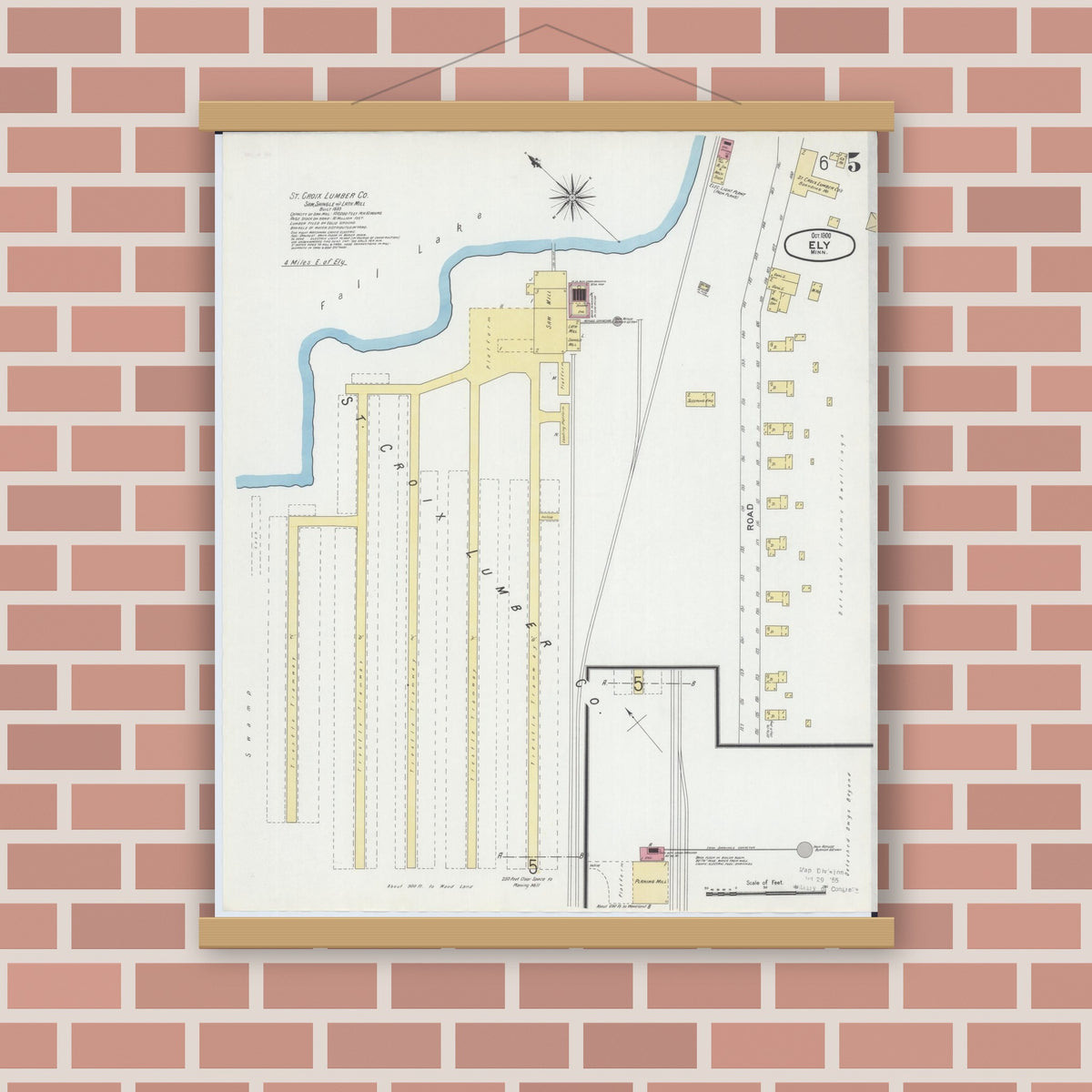 Old map wall art mockup — magnetic wood frame on brick wall — Sanborn Fire Insurance Map from Ely, Saint Louis County, Minnesota (1900), Sheet #0005