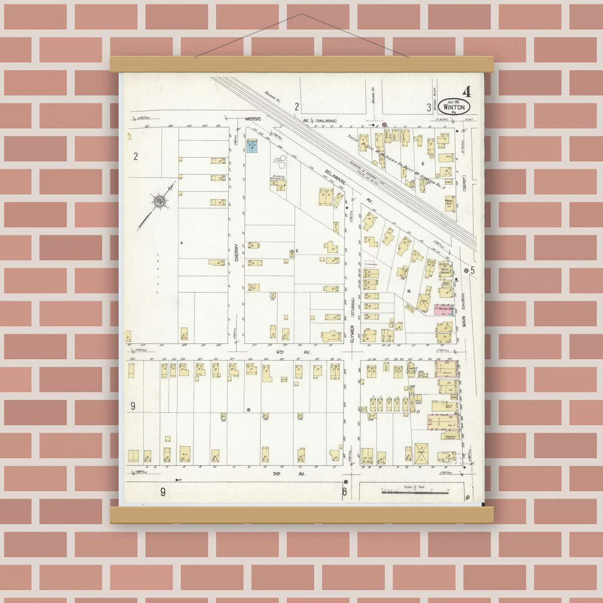 Old map wall art mockup — magnetic wood frame on brick wall — Sanborn Fire Insurance Map from Winton, Lackawanna County, Pennsylvania (1912), Sheet #0004