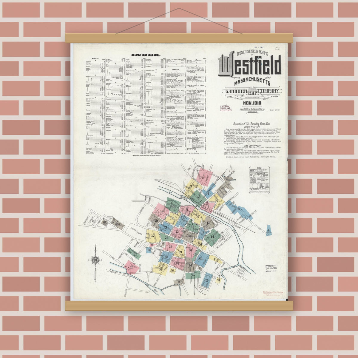 Old map wall art mockup — magnetic wood frame on brick wall — Sanborn Fire Insurance Map from Westfield, Hampden County, Massachusetts (1910) - Complete Map Set