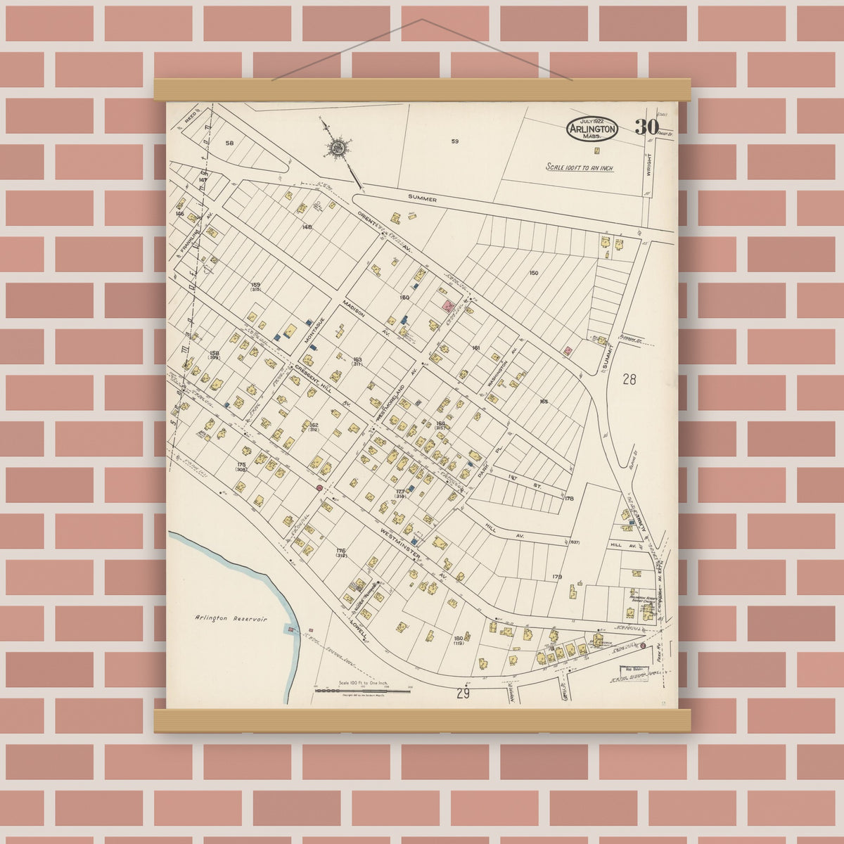 Old map wall art mockup — magnetic wood frame on brick wall — Sanborn Fire Insurance Map from Arlington, Middlesex County, Massachusetts (1922), Sheet #0030