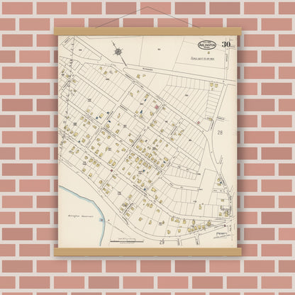 Old map wall art mockup — magnetic wood frame on brick wall — Sanborn Fire Insurance Map from Arlington, Middlesex County, Massachusetts (1922), Sheet #0030