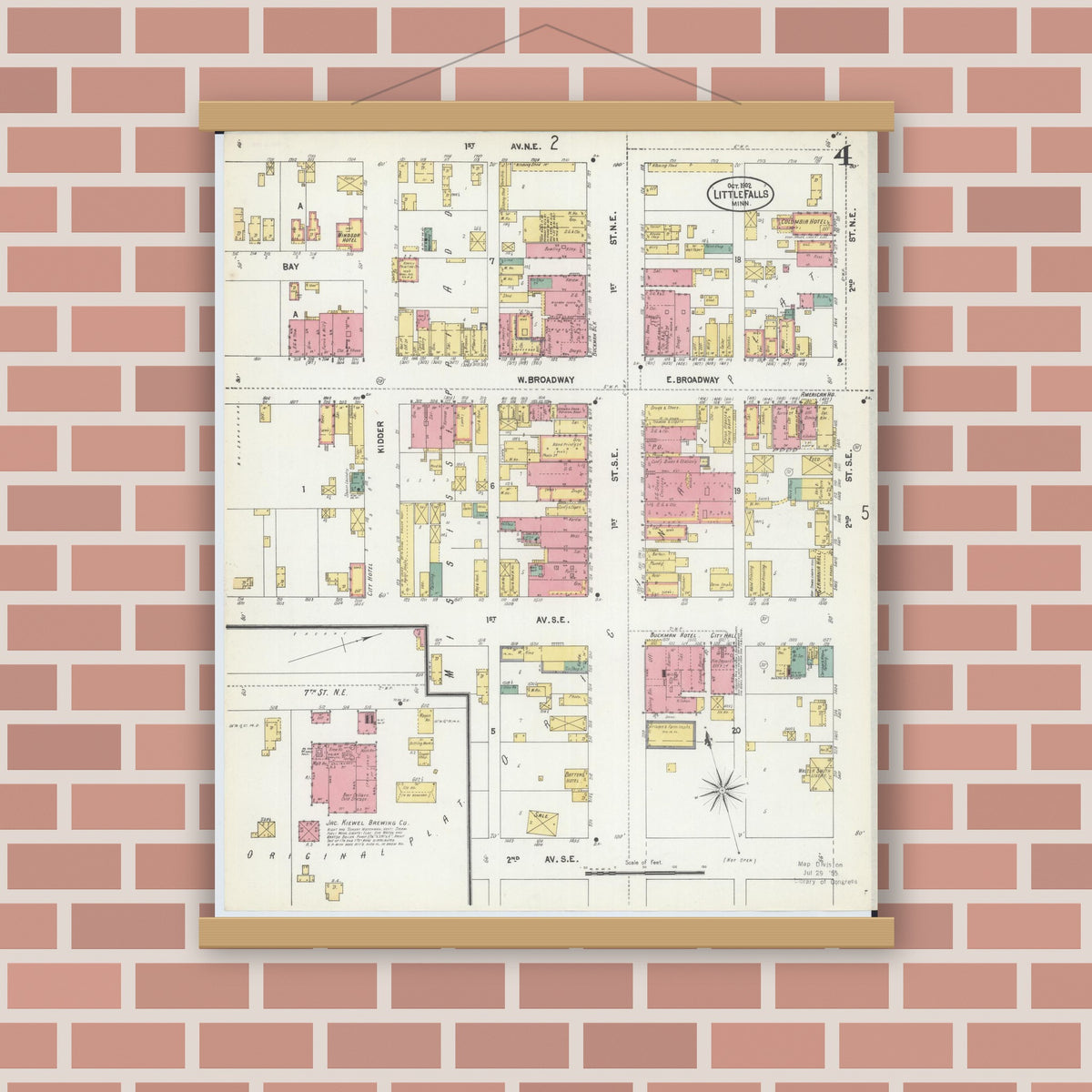 Old map wall art mockup — magnetic wood frame on brick wall — Sanborn Fire Insurance Map from Little Falls, Morrison County, Minnesota (1902), Sheet #0004