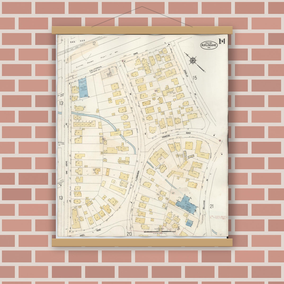 Old map wall art mockup — magnetic wood frame on brick wall — Sanborn Fire Insurance Map from Burlingame, San Mateo County, California (1949), Sheet #0014