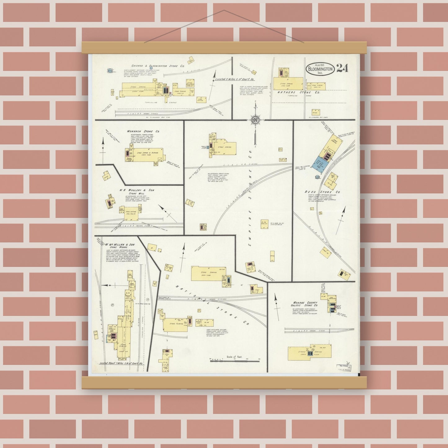 Old map wall art mockup — magnetic wood frame on brick wall — Sanborn Fire Insurance Map from Bloomington, Monroe County, Indiana (1913), Sheet #0024