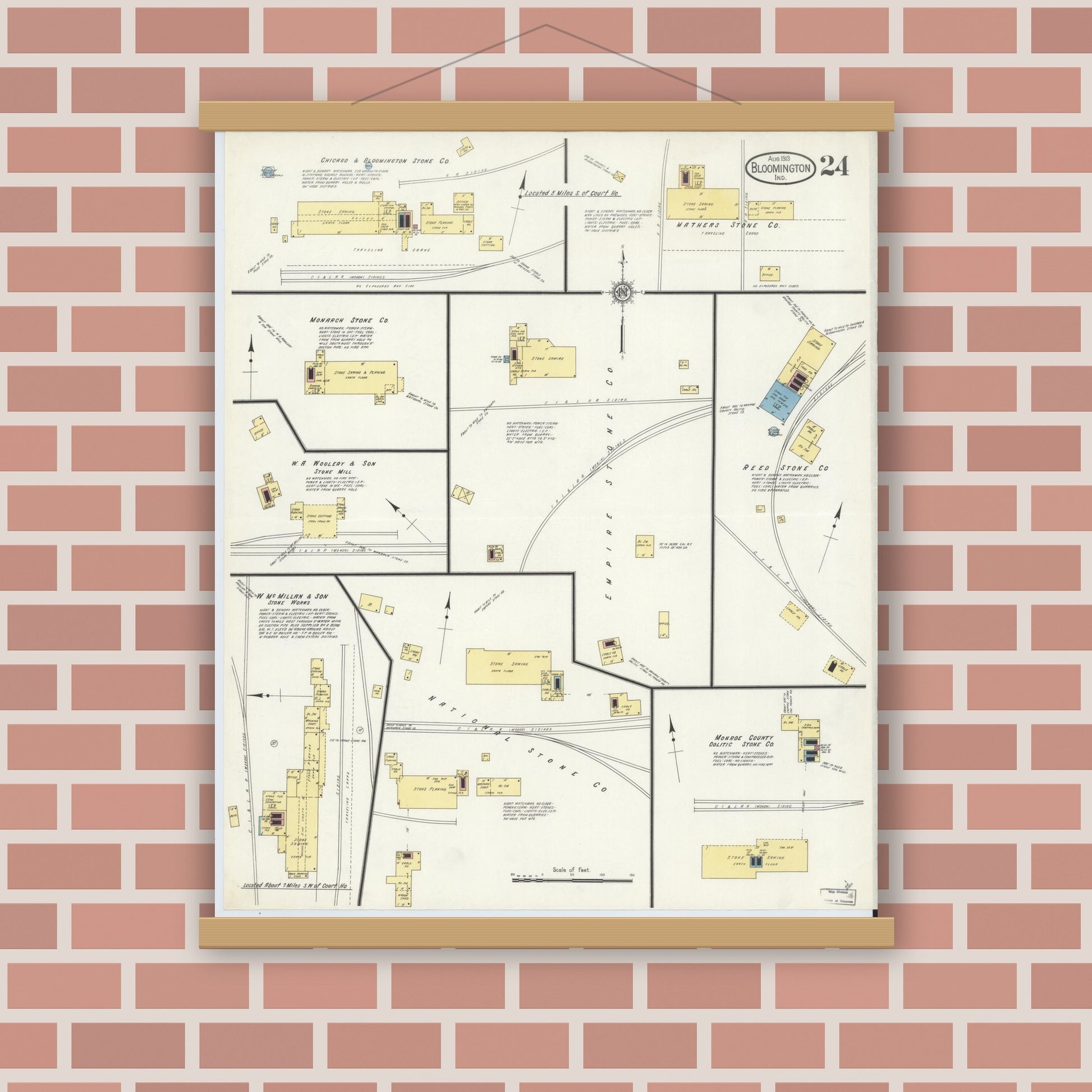 Old map wall art mockup — magnetic wood frame on brick wall — Sanborn Fire Insurance Map from Bloomington, Monroe County, Indiana (1913), Sheet #0024