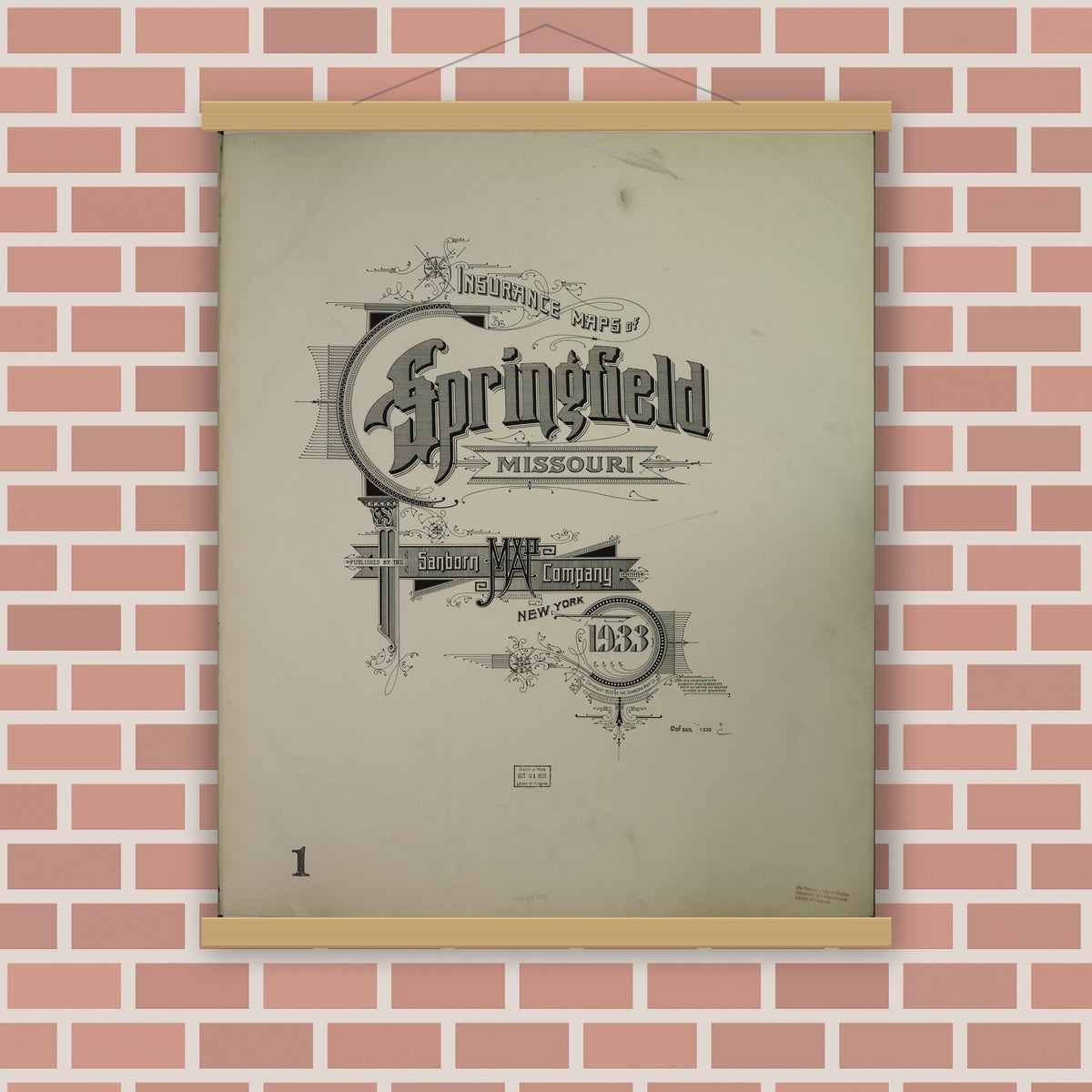 Old map wall art mockup — magnetic wood frame on brick wall — Sanborn Fire Insurance Map from Springfield, Greene County, Missouri (1933), Sheet #0001