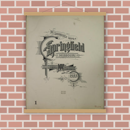 Old map wall art mockup — magnetic wood frame on brick wall — Sanborn Fire Insurance Map from Springfield, Greene County, Missouri (1933), Sheet #0001