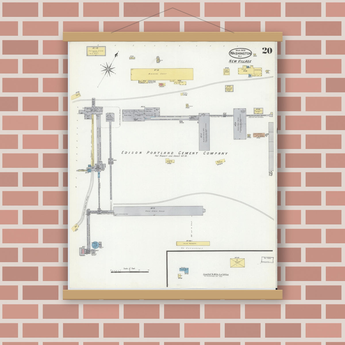 Old map wall art mockup — magnetic wood frame on brick wall — Sanborn Fire Insurance Map from Washington, Warren County, New Jersey (1909), Sheet #0020