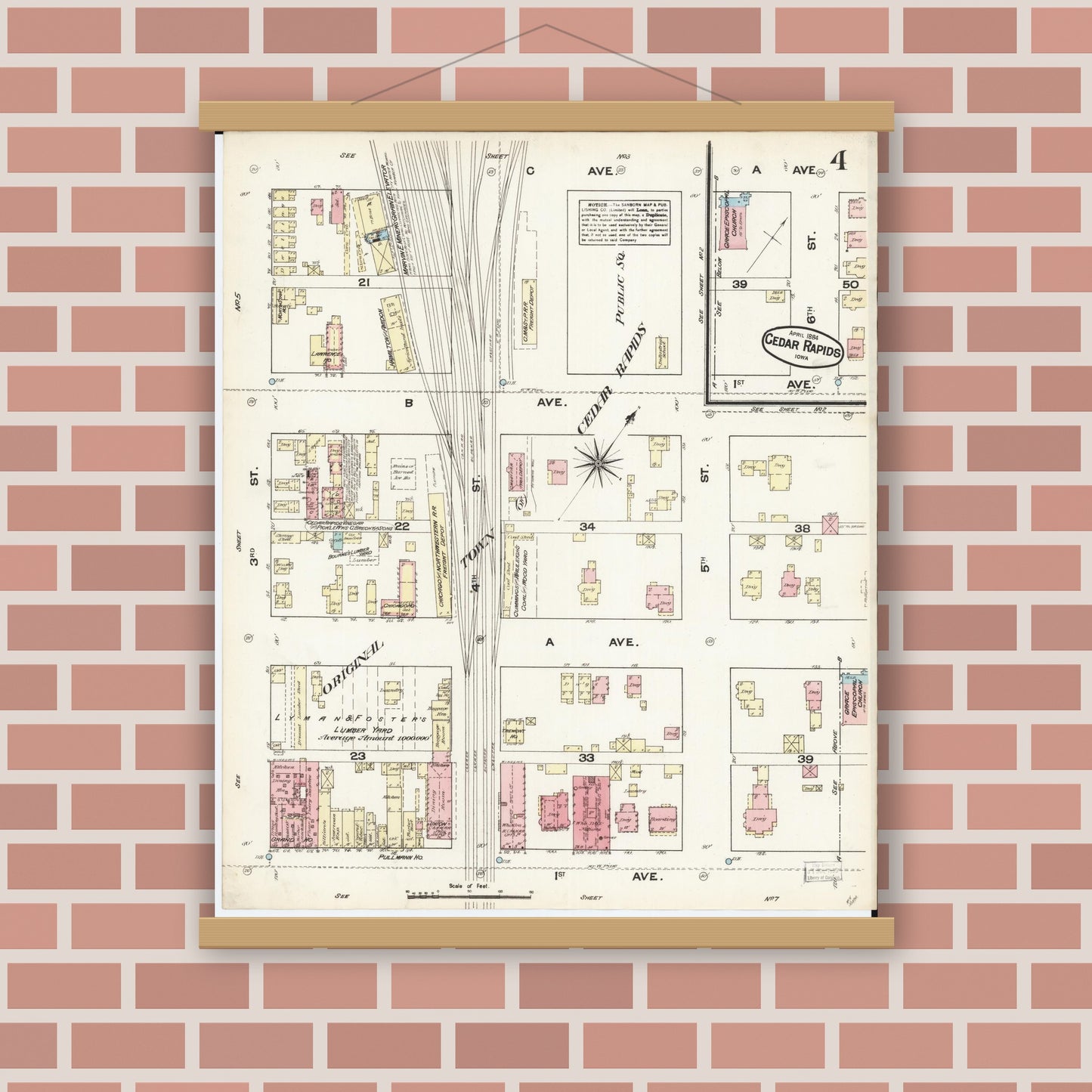 Old map wall art mockup — magnetic wood frame on brick wall — Sanborn Fire Insurance Map from Cedar Rapids, Linn County, Iowa (1884), Sheet #0004