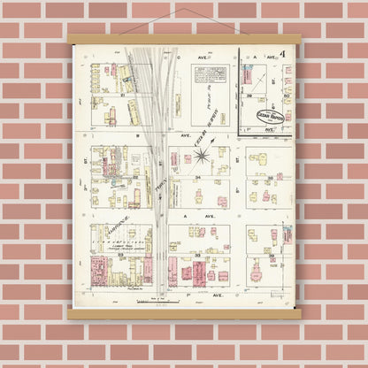 Old map wall art mockup — magnetic wood frame on brick wall — Sanborn Fire Insurance Map from Cedar Rapids, Linn County, Iowa (1884), Sheet #0004