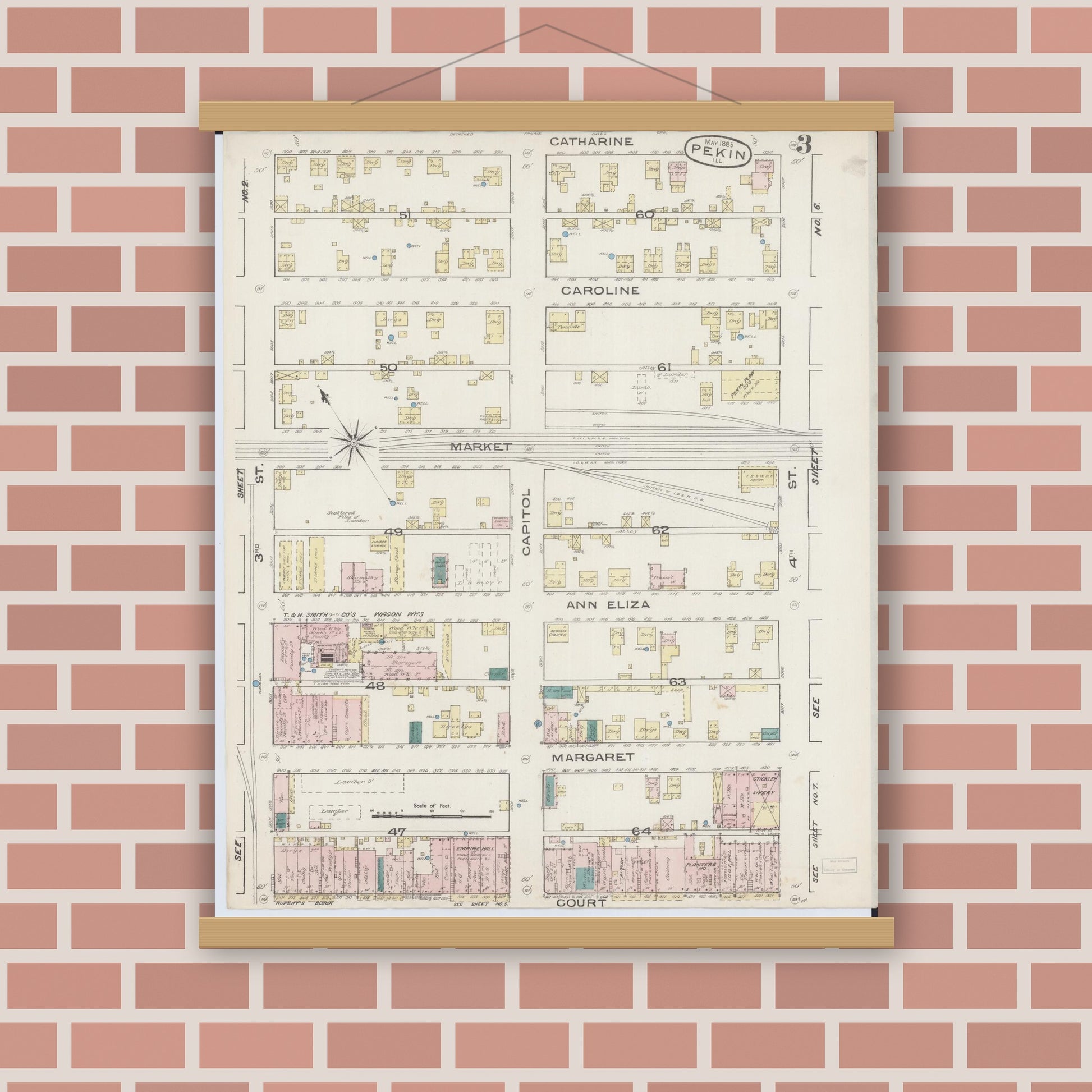 Old map wall art mockup — magnetic wood frame on brick wall — Sanborn Fire Insurance Map from Pekin, Tazewell County, Illinois (1885), Sheet #0003