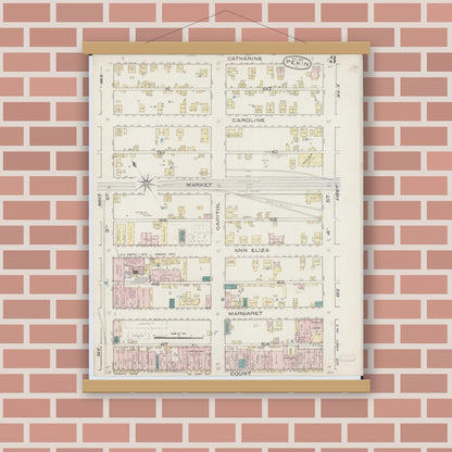 Old map wall art mockup — magnetic wood frame on brick wall — Sanborn Fire Insurance Map from Pekin, Tazewell County, Illinois (1885), Sheet #0003