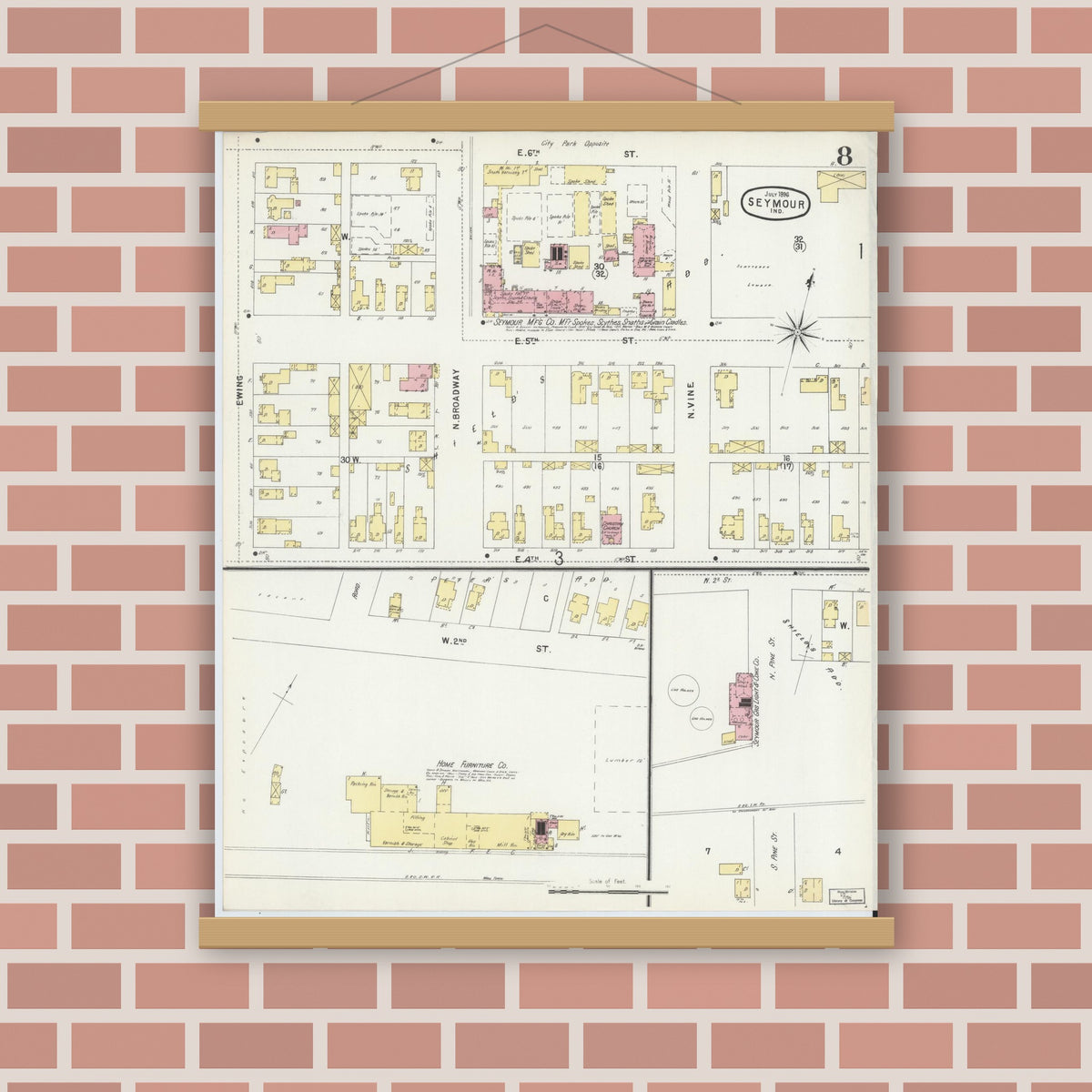 Old map wall art mockup — magnetic wood frame on brick wall — Sanborn Fire Insurance Map from Seymour, Jackson County, Indiana (1896), Sheet #0008