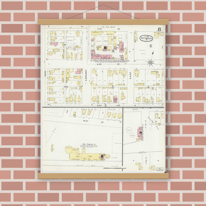 Old map wall art mockup — magnetic wood frame on brick wall — Sanborn Fire Insurance Map from Seymour, Jackson County, Indiana (1896), Sheet #0008