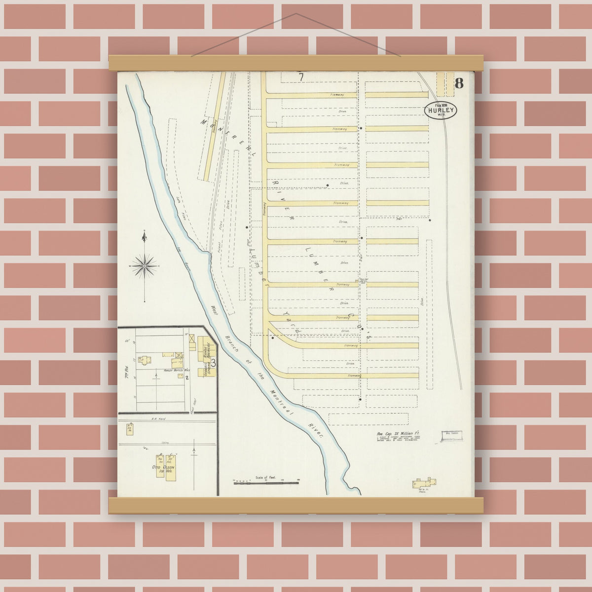 Old map wall art mockup — magnetic wood frame on brick wall — Sanborn Fire Insurance Map from Hurley, Iron County, Wisconsin (1898), Sheet #0008