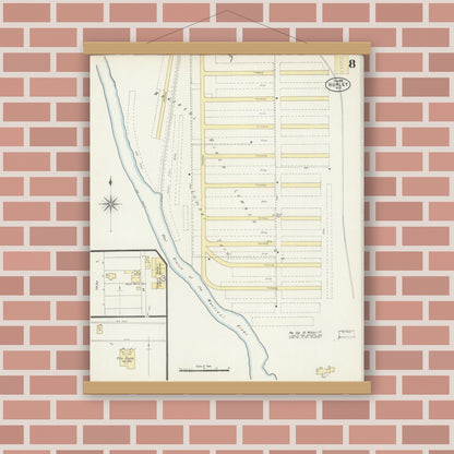 Old map wall art mockup — magnetic wood frame on brick wall — Sanborn Fire Insurance Map from Hurley, Iron County, Wisconsin (1898), Sheet #0008