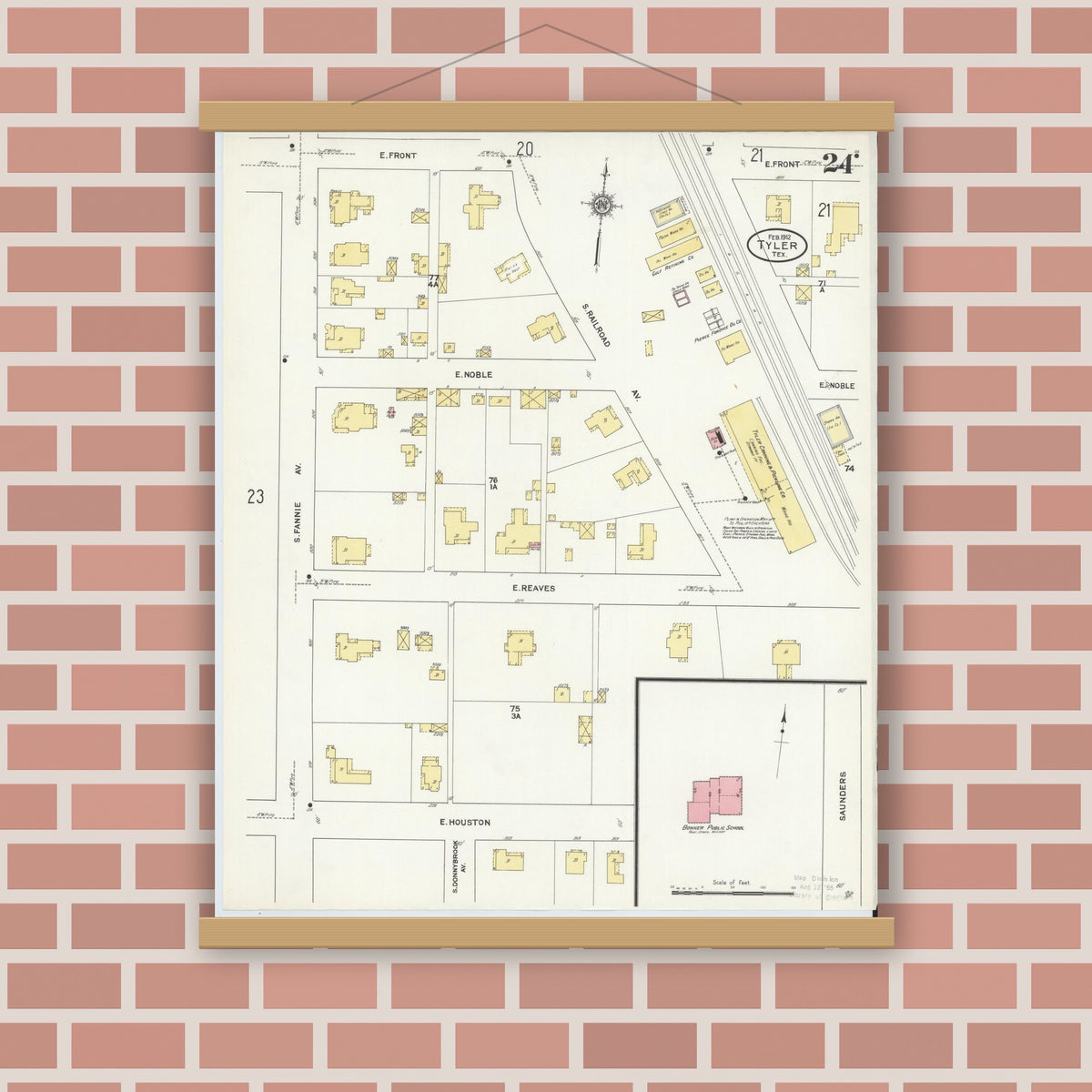 Old map wall art mockup — magnetic wood frame on brick wall — Sanborn Fire Insurance Map from Tyler, Smith County, Texas (1912), Sheet #0024