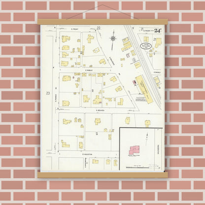 Old map wall art mockup — magnetic wood frame on brick wall — Sanborn Fire Insurance Map from Tyler, Smith County, Texas (1912), Sheet #0024