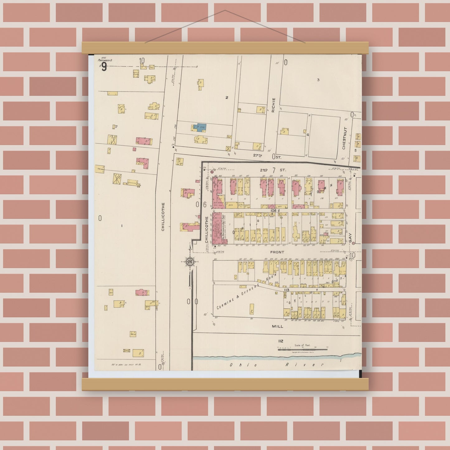 Old map wall art mockup — magnetic wood frame on brick wall — Sanborn Fire Insurance Map from Portsmouth, Scioto County, Ohio (1921), Sheet #0009
