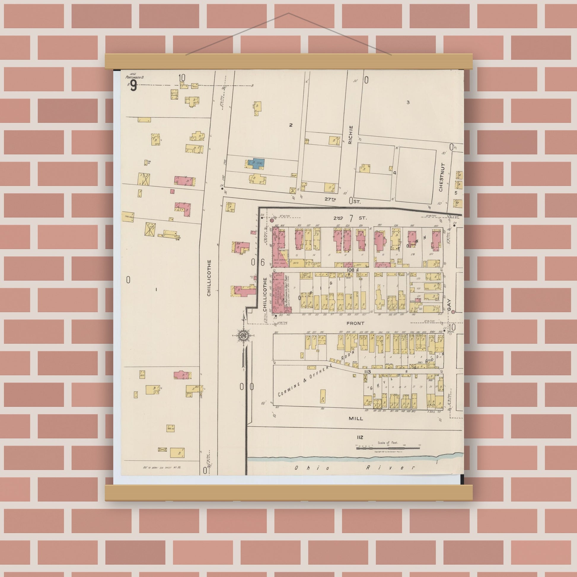 Old map wall art mockup — magnetic wood frame on brick wall — Sanborn Fire Insurance Map from Portsmouth, Scioto County, Ohio (1921), Sheet #0009