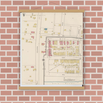Old map wall art mockup — magnetic wood frame on brick wall — Sanborn Fire Insurance Map from Portsmouth, Scioto County, Ohio (1921), Sheet #0009