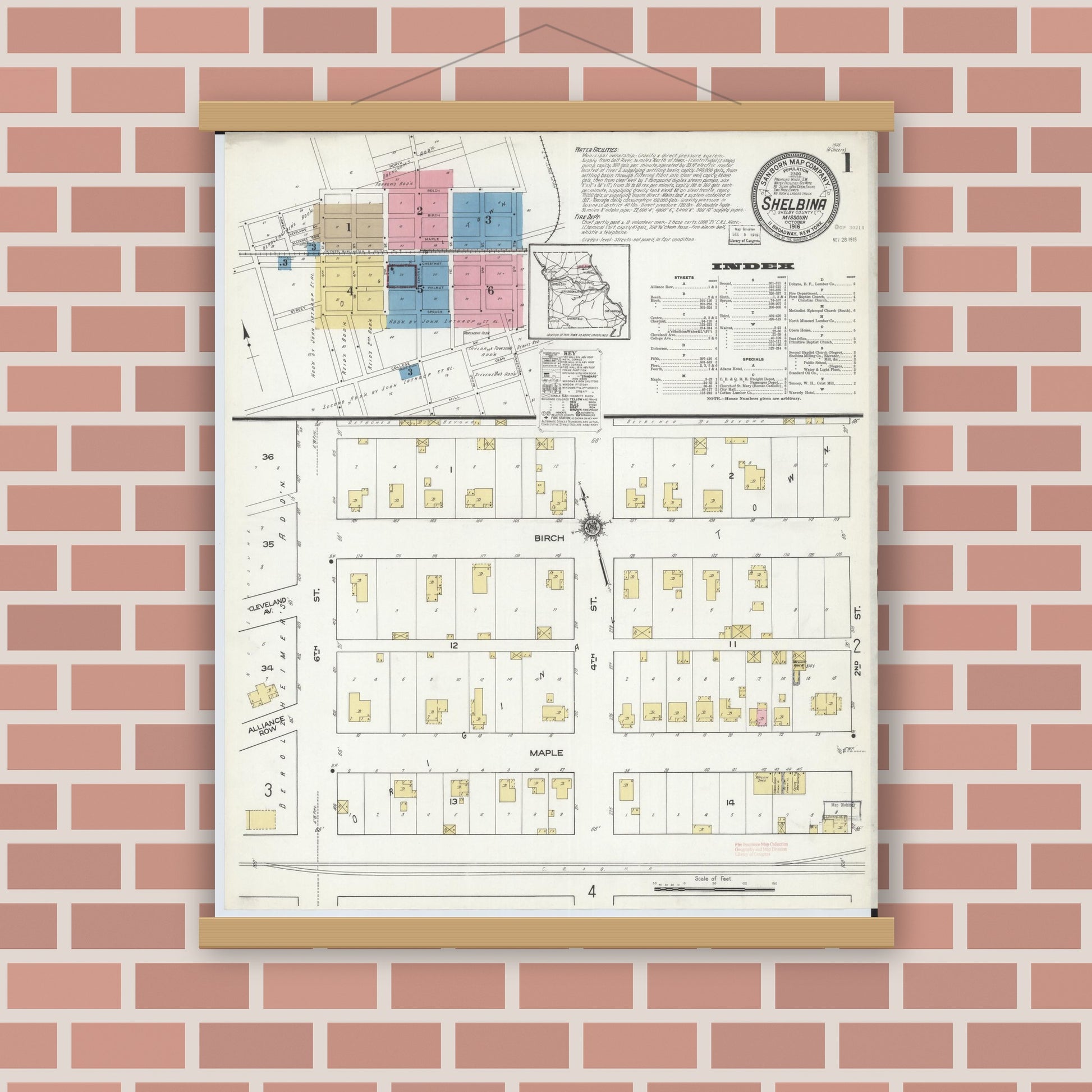 Old map wall art mockup — magnetic wood frame on brick wall — Sanborn Fire Insurance Map from Shelbina, Shelby County, Missouri (1916) - Complete Map Set