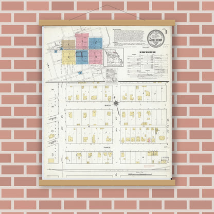 Old map wall art mockup — magnetic wood frame on brick wall — Sanborn Fire Insurance Map from Shelbina, Shelby County, Missouri (1916) - Complete Map Set