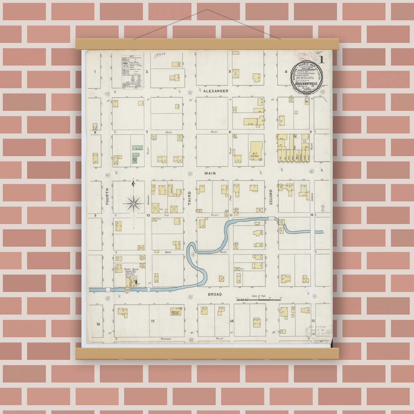 Old map wall art mockup — magnetic wood frame on brick wall — Sanborn Fire Insurance Map from Brockway, Jefferson County, Pennsylvania (1894) - Complete Map Set