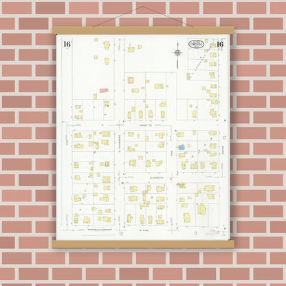 Old map wall art mockup — magnetic wood frame on brick wall — Sanborn Fire Insurance Map from Owosso, Shiawassee County, Michigan (1930), Sheet #0016
