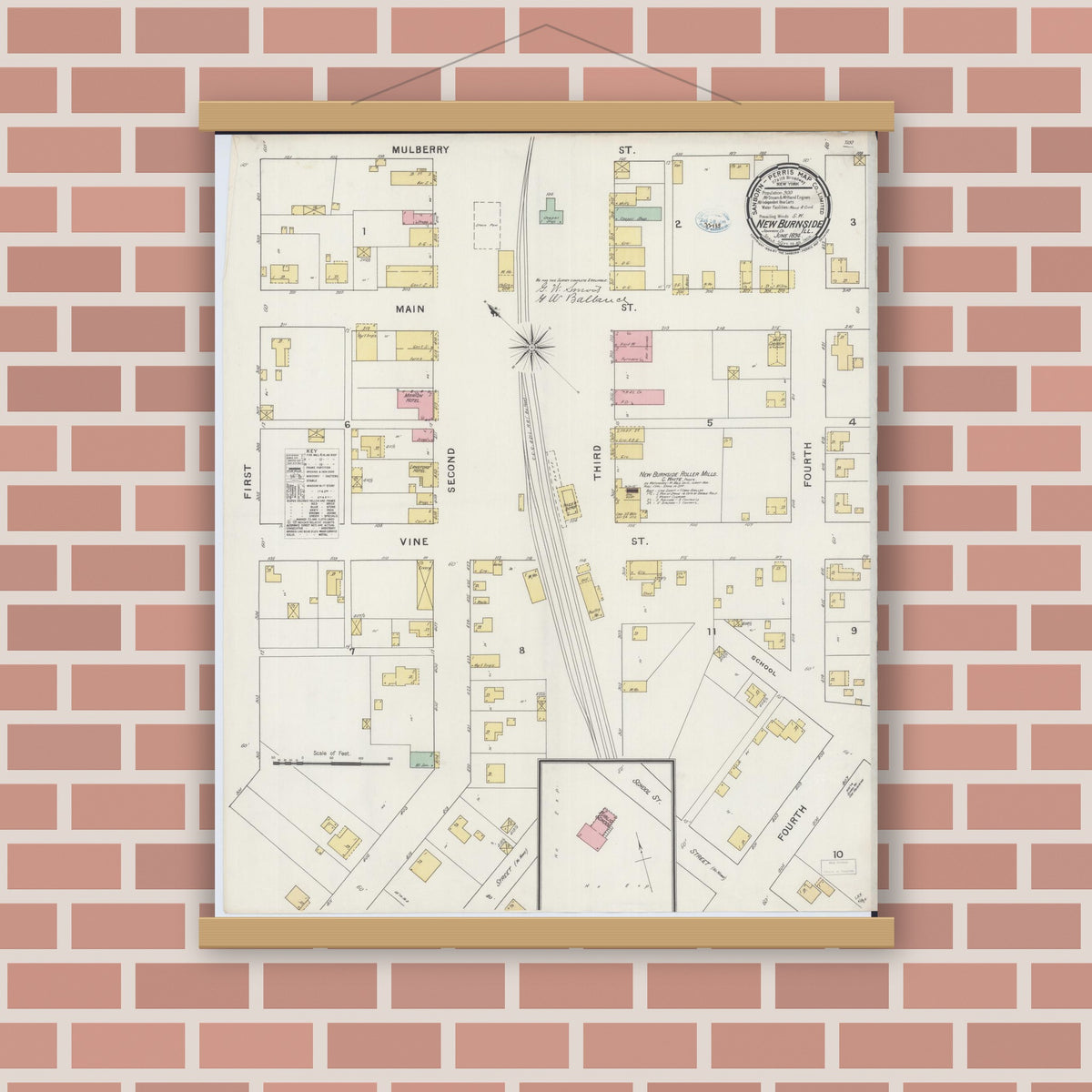 Old map wall art mockup — magnetic wood frame on brick wall — Sanborn Fire Insurance Map from New Burnside, Johnson County, Illinois (1894), Sheet #0001