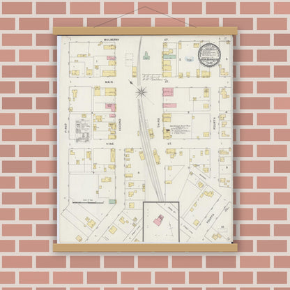 Old map wall art mockup — magnetic wood frame on brick wall — Sanborn Fire Insurance Map from New Burnside, Johnson County, Illinois (1894), Sheet #0001
