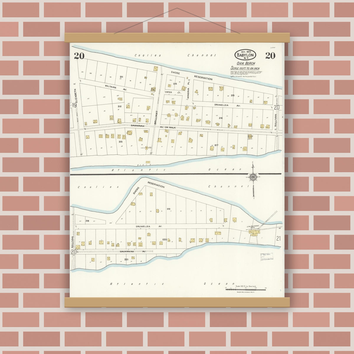 Old map wall art mockup — magnetic wood frame on brick wall — Sanborn Fire Insurance Map from Babylon, Suffolk County, New York (1923), Sheet #0020