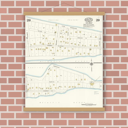 Old map wall art mockup — magnetic wood frame on brick wall — Sanborn Fire Insurance Map from Babylon, Suffolk County, New York (1923), Sheet #0020