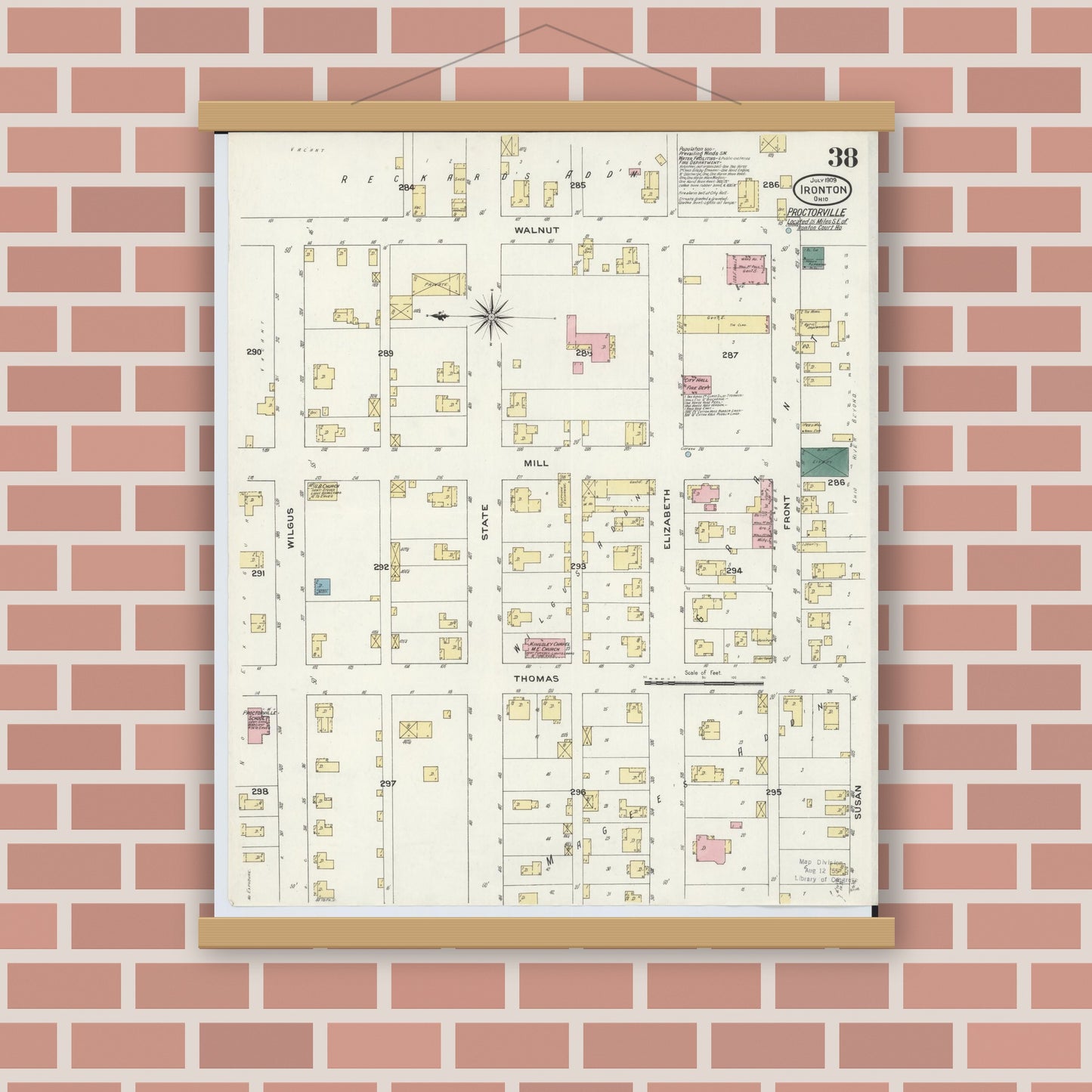 Old map wall art mockup — magnetic wood frame on brick wall — Sanborn Fire Insurance Map from Ironton, Lawrence County, Ohio (1909), Sheet #0038