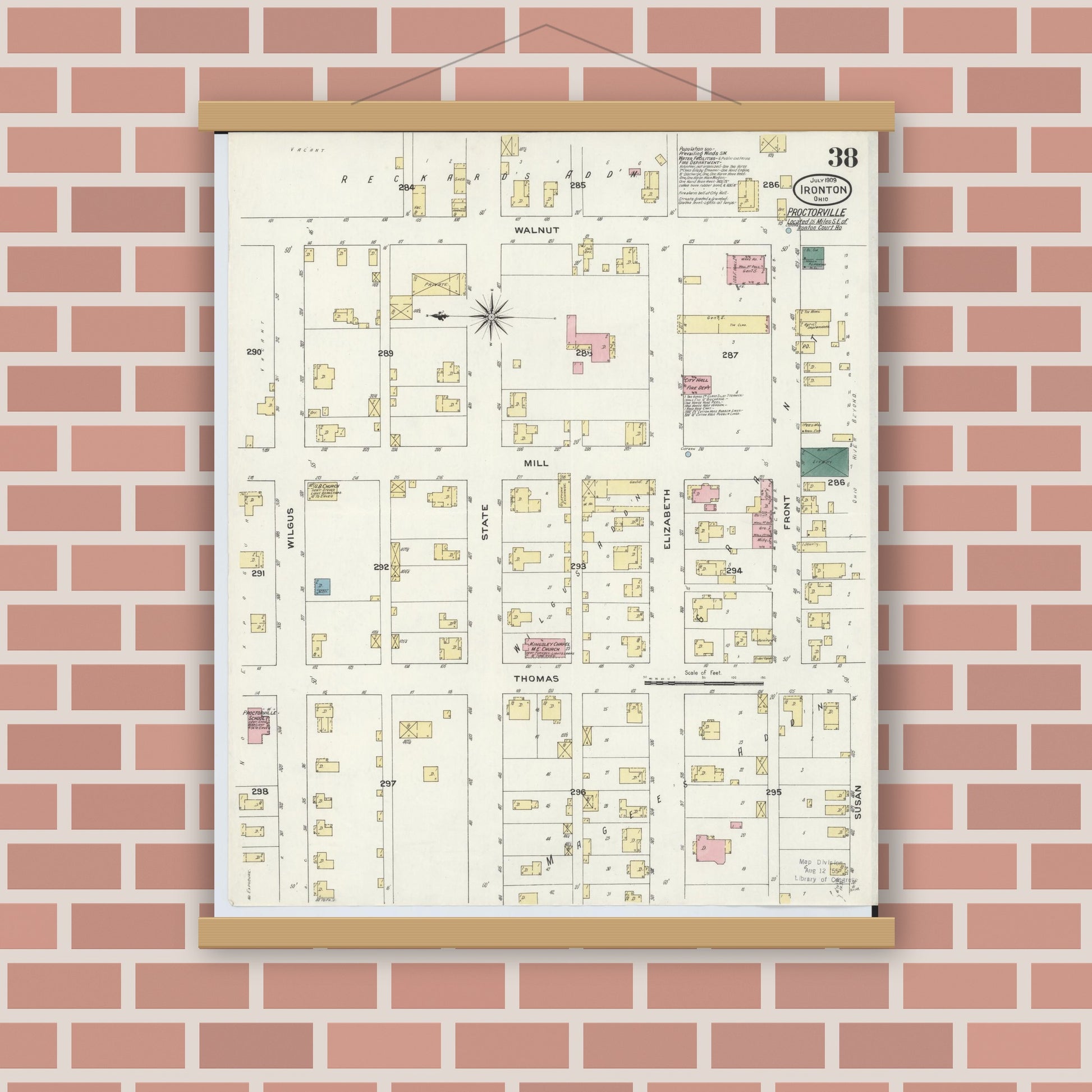 Old map wall art mockup — magnetic wood frame on brick wall — Sanborn Fire Insurance Map from Ironton, Lawrence County, Ohio (1909), Sheet #0038