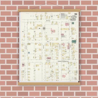 Old map wall art mockup — magnetic wood frame on brick wall — Sanborn Fire Insurance Map from Ironton, Lawrence County, Ohio (1909), Sheet #0038