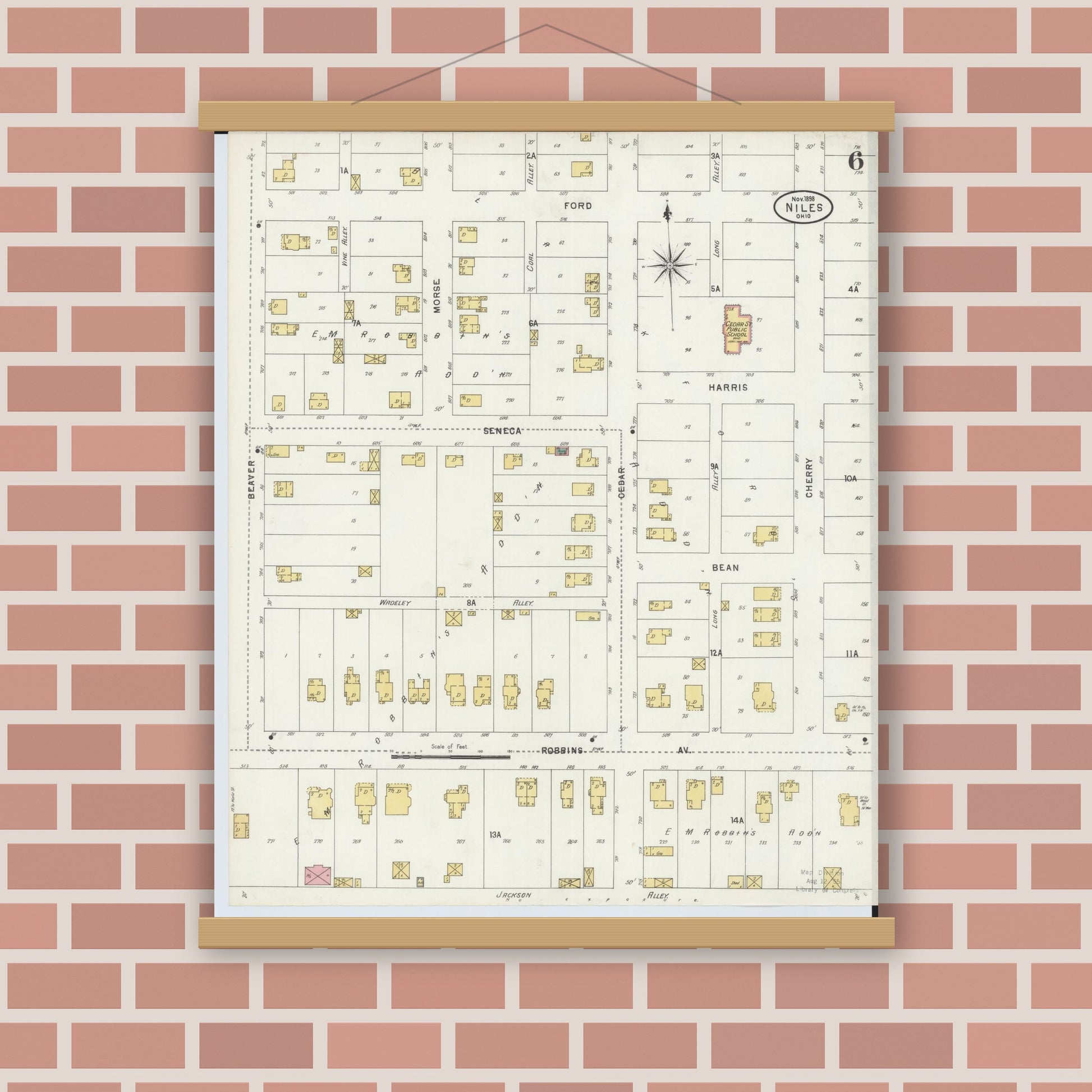 Old map wall art mockup — magnetic wood frame on brick wall — Sanborn Fire Insurance Map from Niles, Trumbull County, Ohio (1898), Sheet #0006