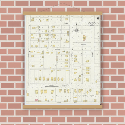 Old map wall art mockup — magnetic wood frame on brick wall — Sanborn Fire Insurance Map from Niles, Trumbull County, Ohio (1898), Sheet #0006