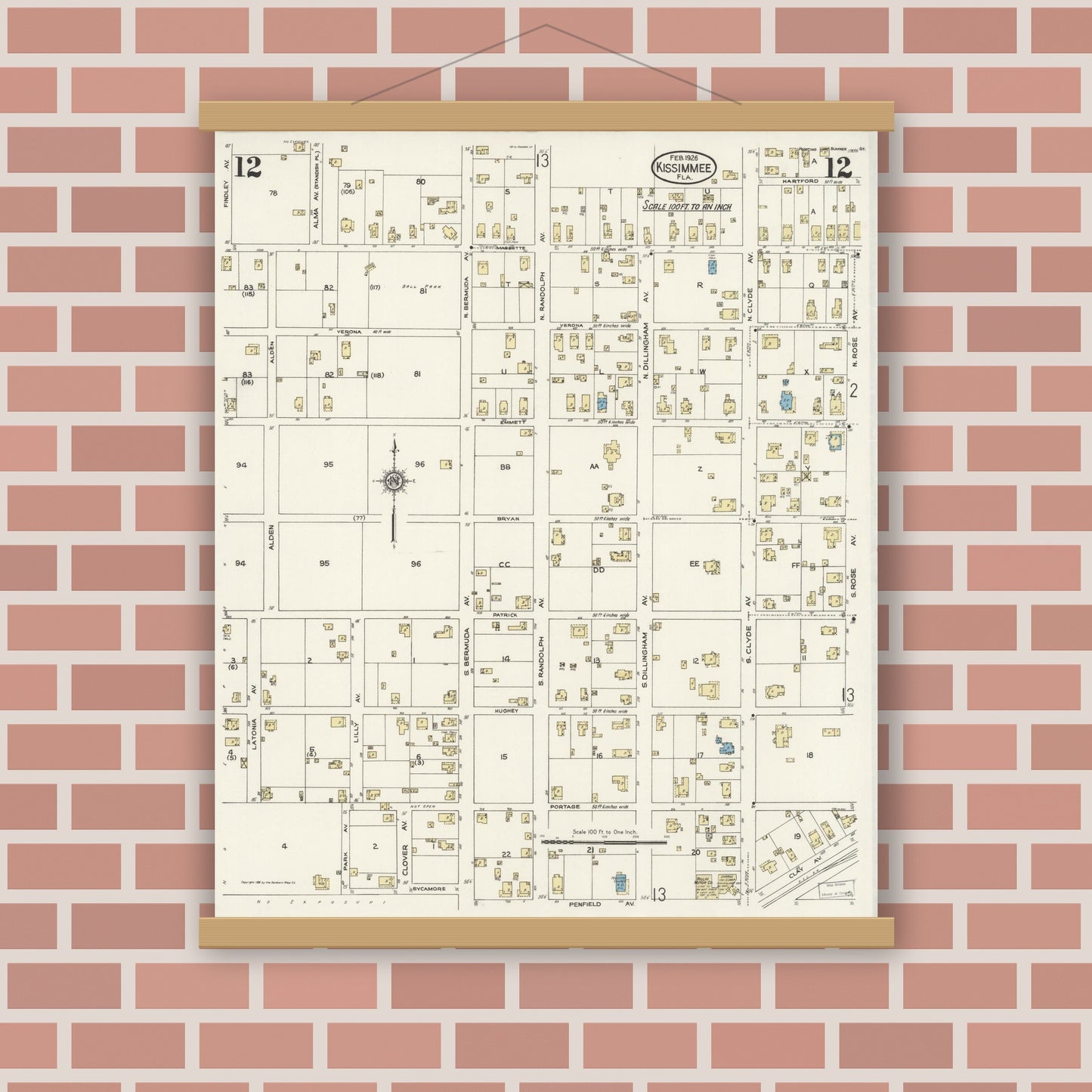 Old map wall art mockup — magnetic wood frame on brick wall — Sanborn Fire Insurance Map from Kissimmee, Osceola County, Florida (1926), Sheet #0012